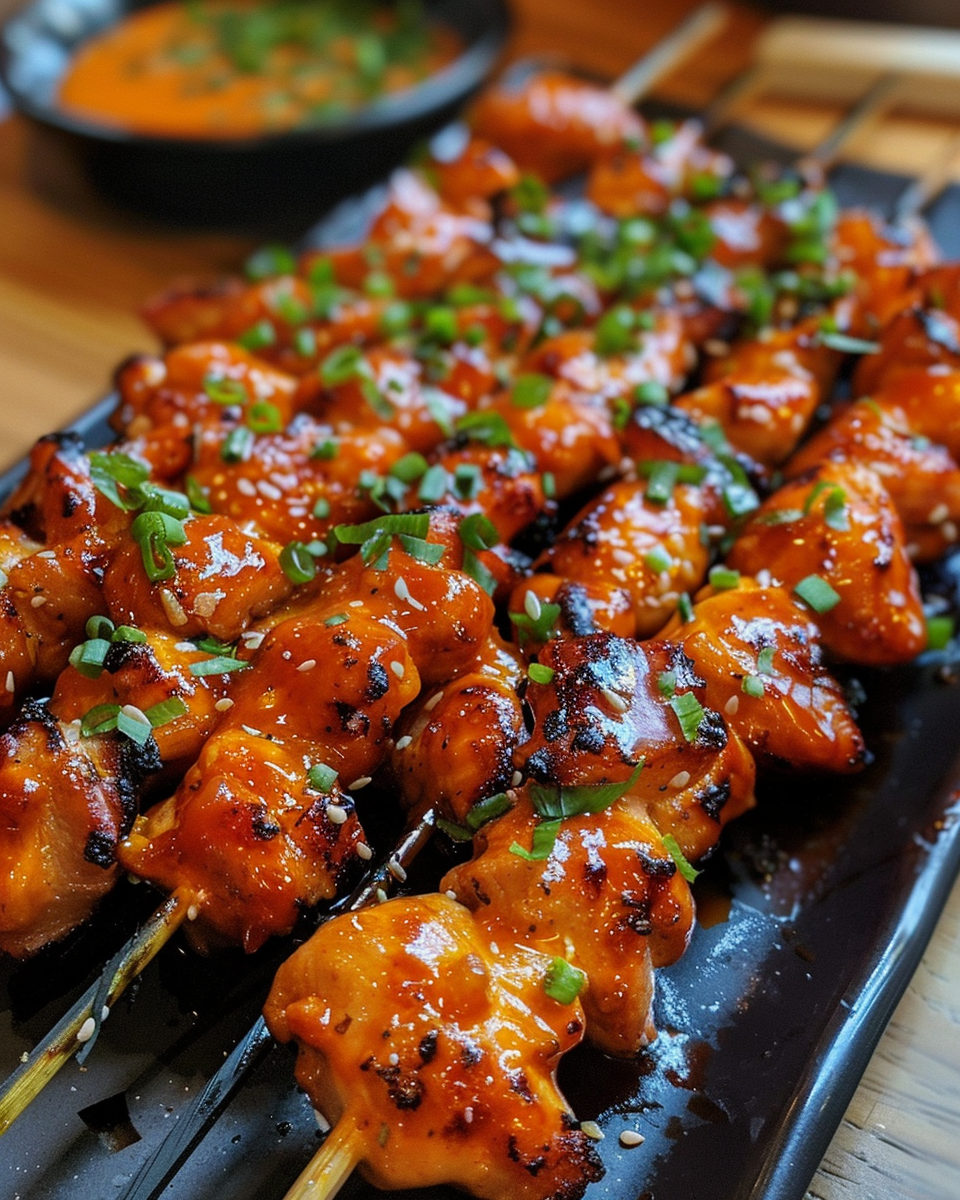 Ingredients for bang bang chicken skewers prepared on wooden skewers