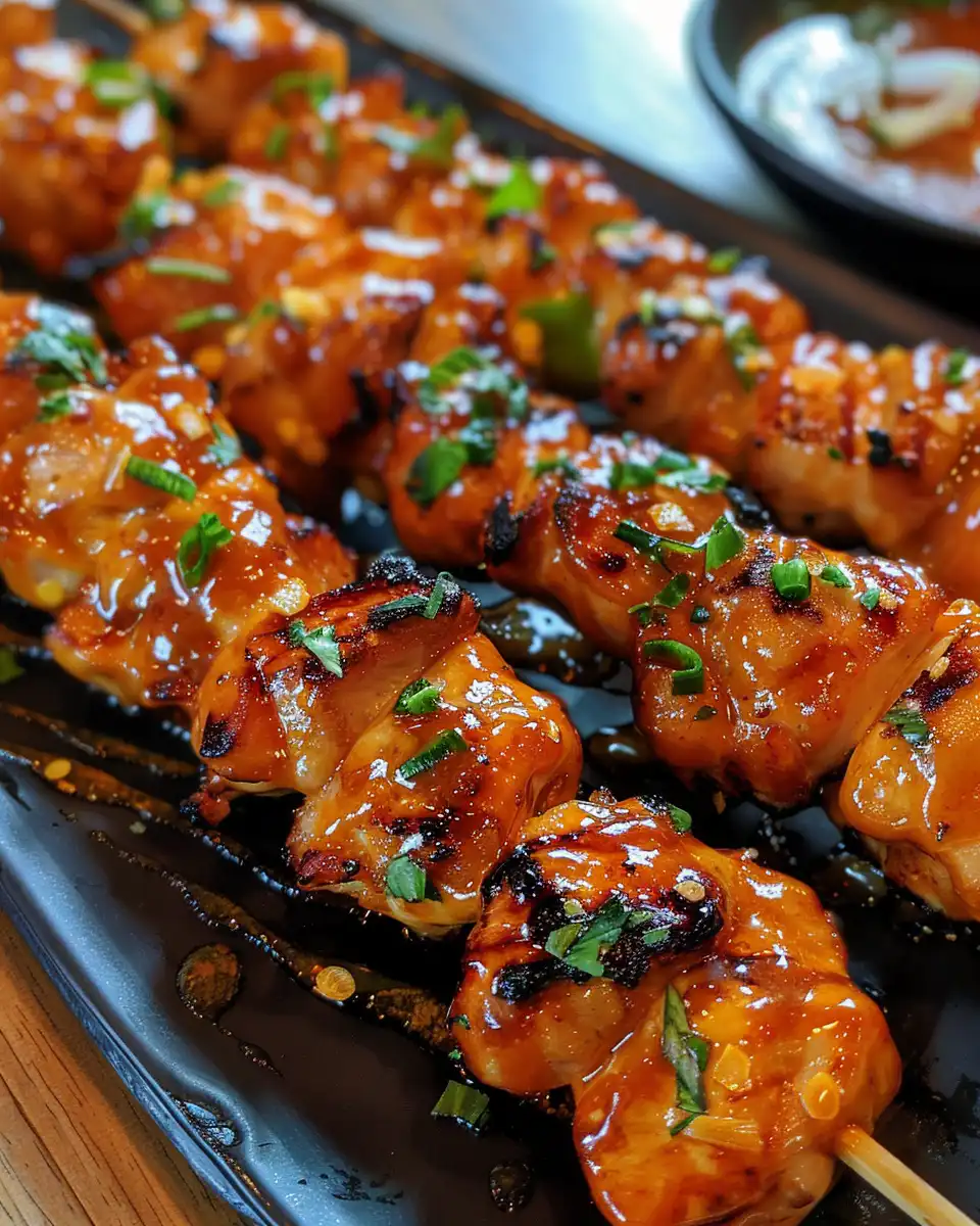 Finished bang bang chicken skewers served on plate with sauce drizzle
