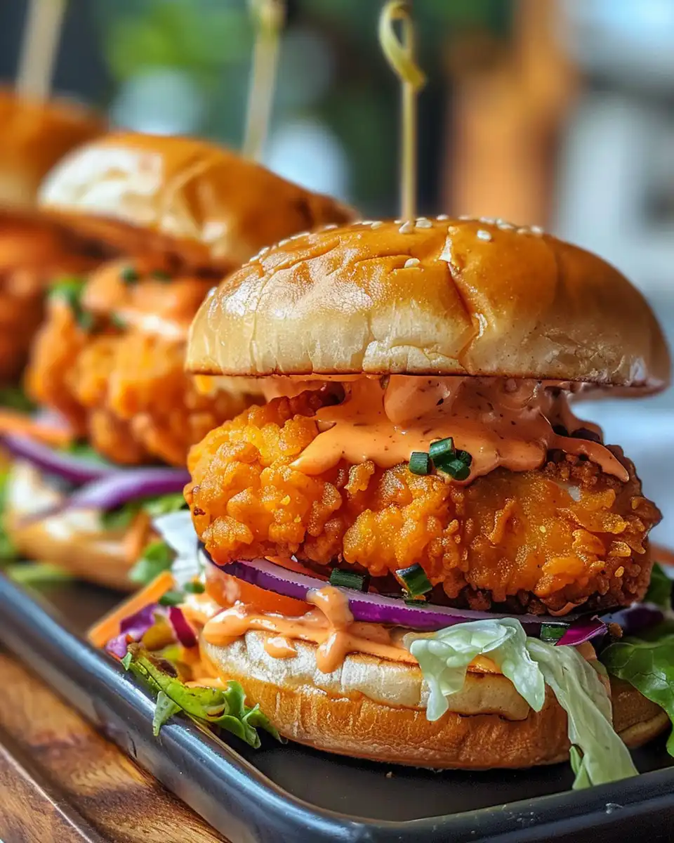 Finished bang bang chicken sliders served on slider rolls