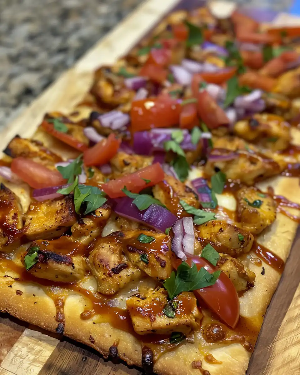 Ingredients for BBQ chicken flatbread including spices and fresh veggies