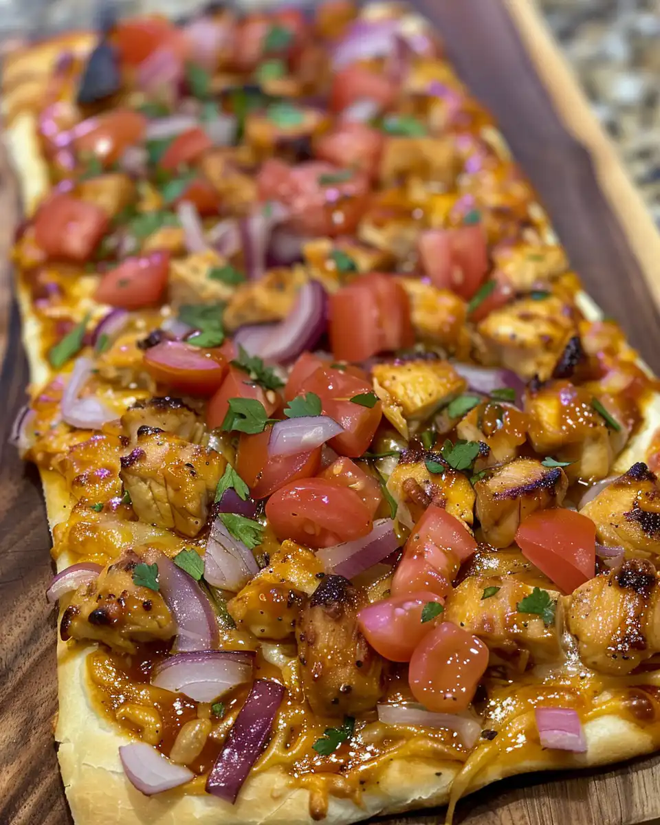 Close-up of BBQ chicken flatbread with melted cheese and sliced veggies