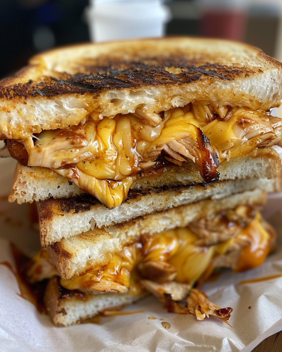Final BBQ chicken grilled cheese sandwich served warm and crispy