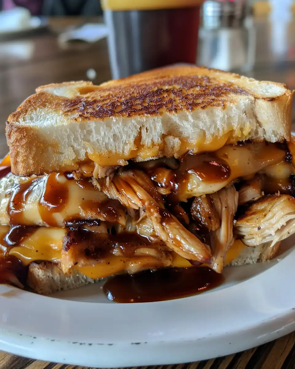 Finished BBQ chicken grilled cheese served on a plate
