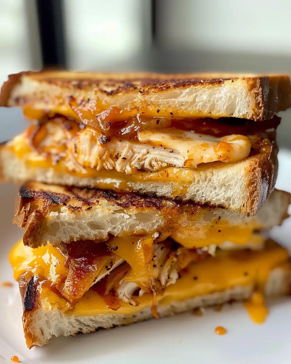 Close-up of BBQ chicken grilled cheese sandwich in skillet