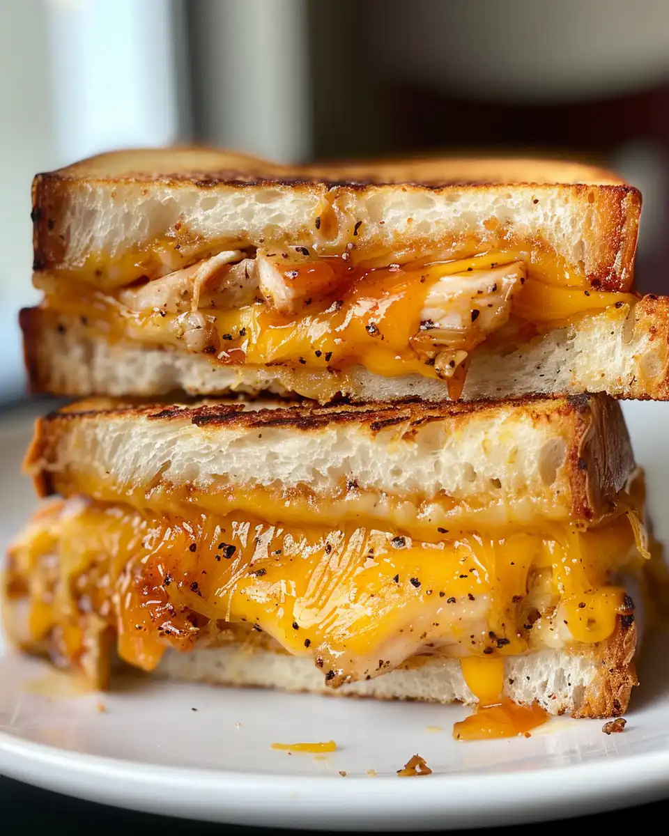 BBQ chicken grilled cheese sandwich sliced on serving board