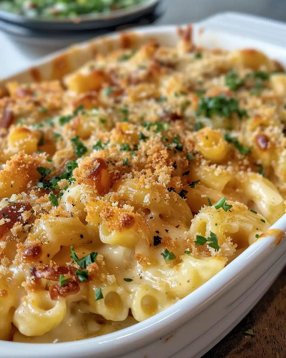Bowl of finished BBQ chicken mac and cheese garnished with parsley ready to eat