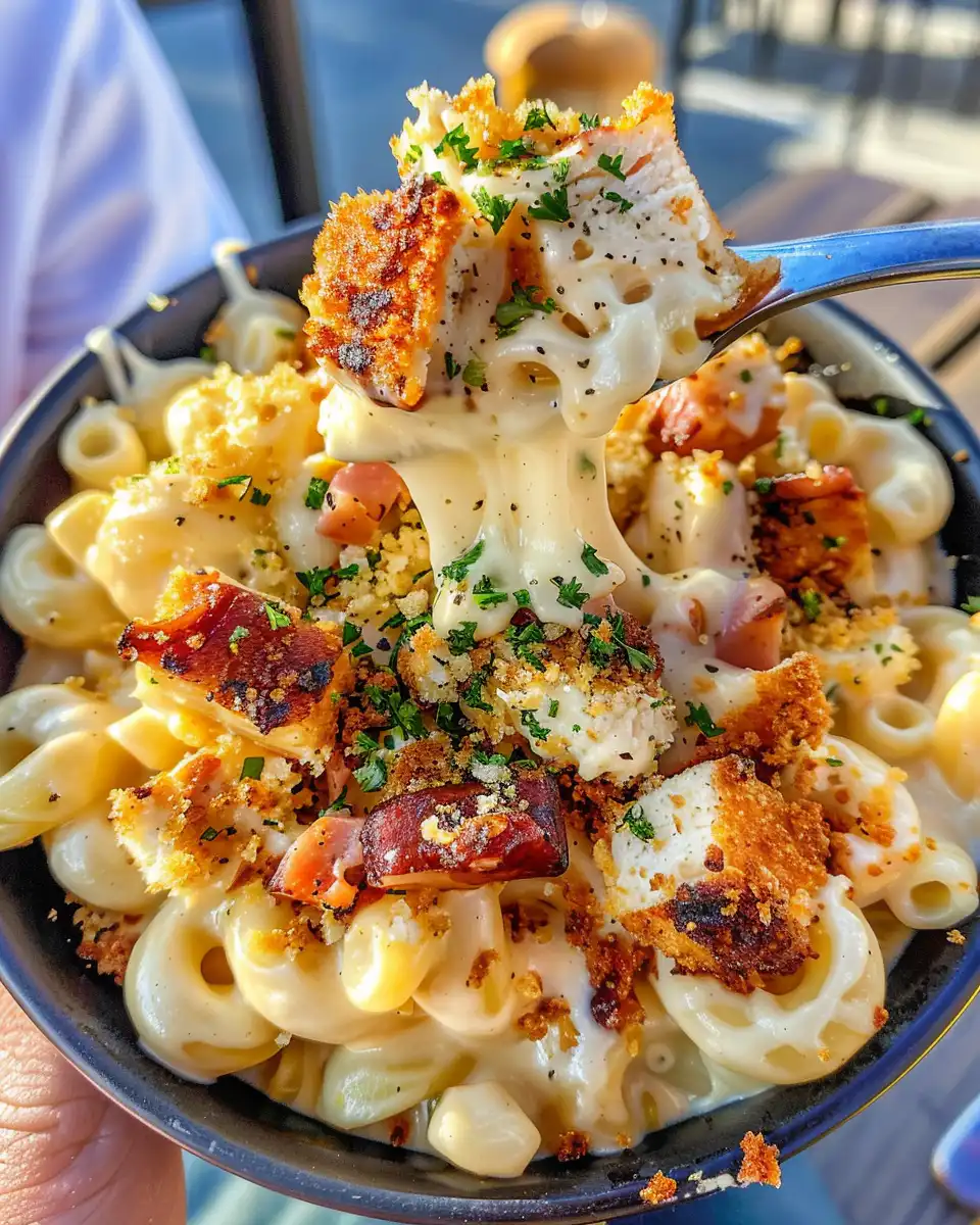 Serving of BBQ chicken mac and cheese with chopped parsley garnish