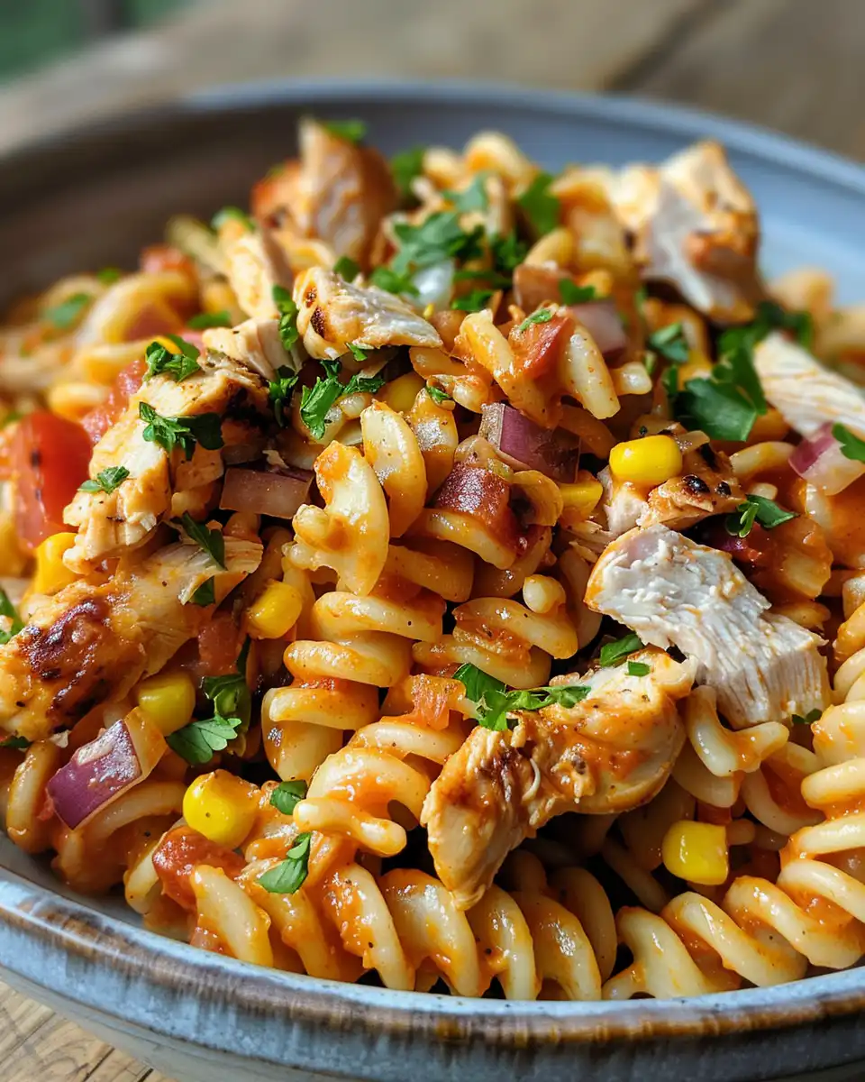 Ingredients for BBQ chicken pasta salad on counter