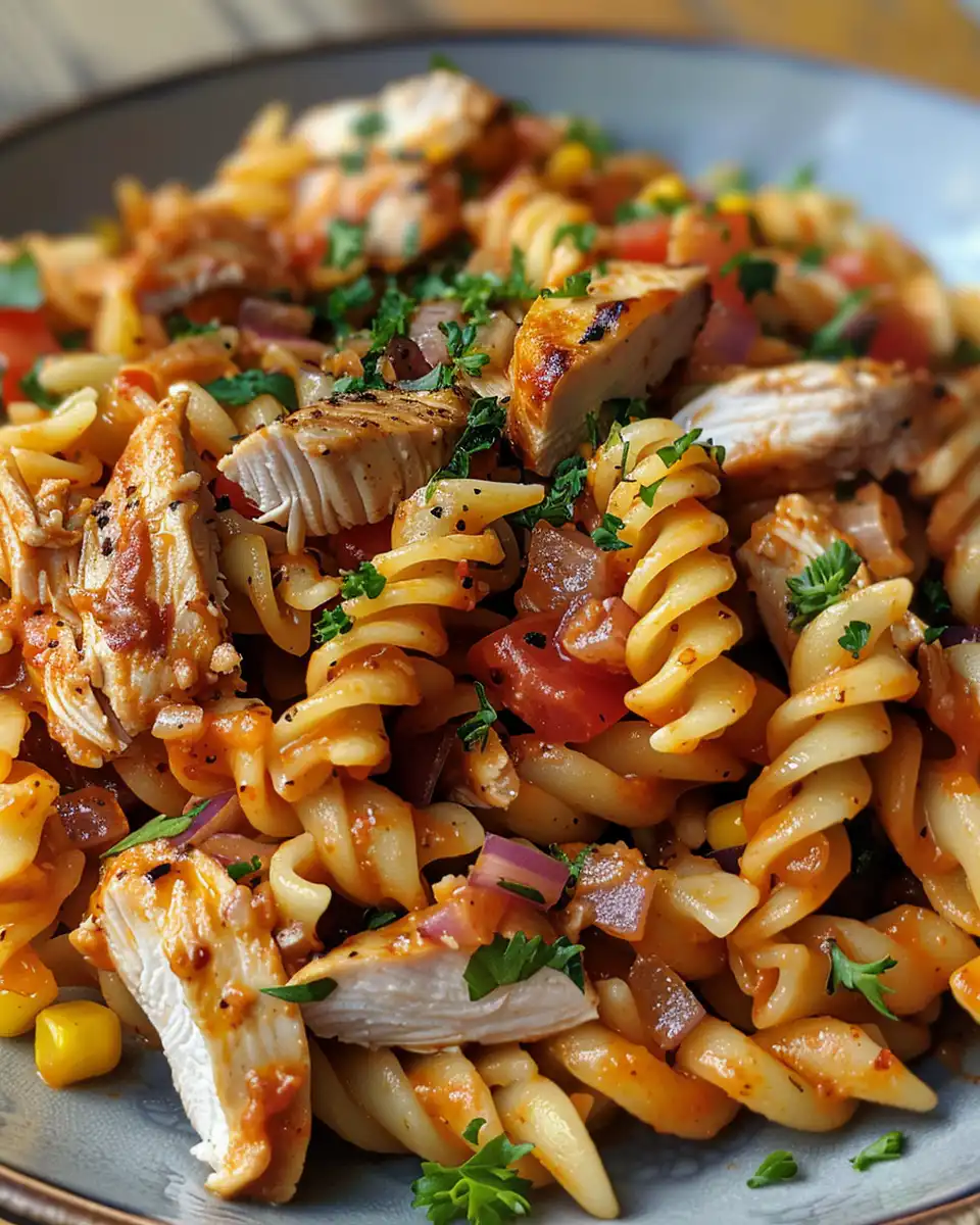 Mixed BBQ chicken pasta salad served in bowl