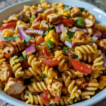 BBQ Chicken Pasta Salad taken with iphone 15 pro max --iw 2 --ar 4:5 --v 6.0 --raw