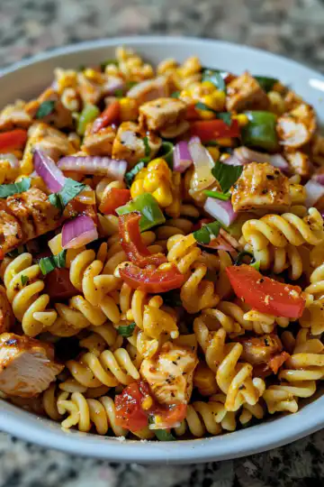 BBQ Chicken Pasta Salad taken with iphone 15 pro max --iw 2 --ar 4:5 --v 6.0 --raw