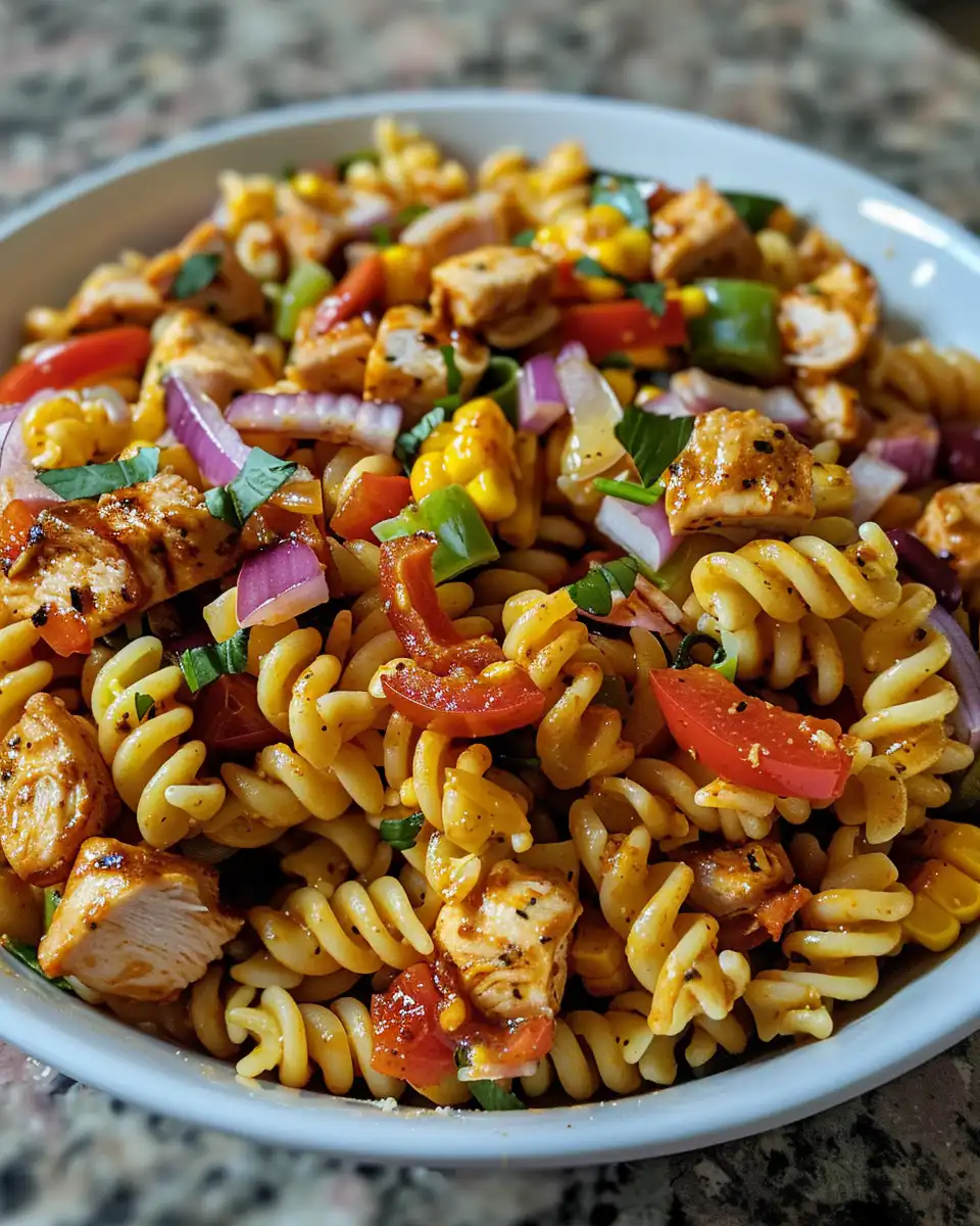 Pressure cooker with BBQ chicken pasta salad steaming under sealed lid