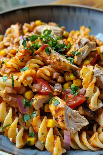 BBQ Chicken Pasta Salad taken with iphone 15 pro max --iw 2 --ar 4:5 --v 6.0 --raw