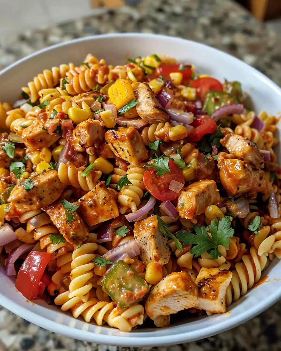 Bowls of fresh chopped vegetables and cubed cheddar cheese for BBQ chicken pasta salad