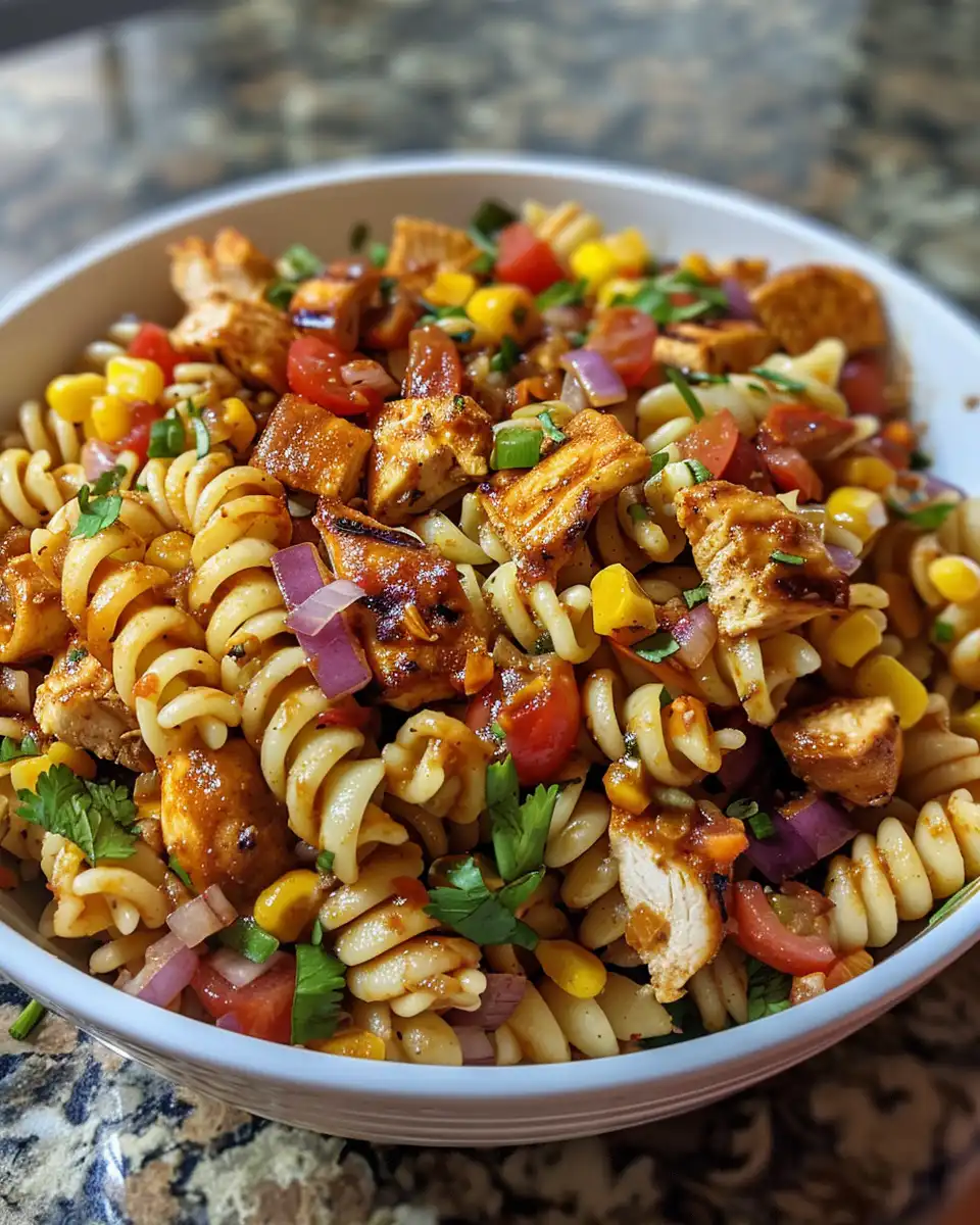 Final served BBQ chicken pasta salad on a plate ready to eat