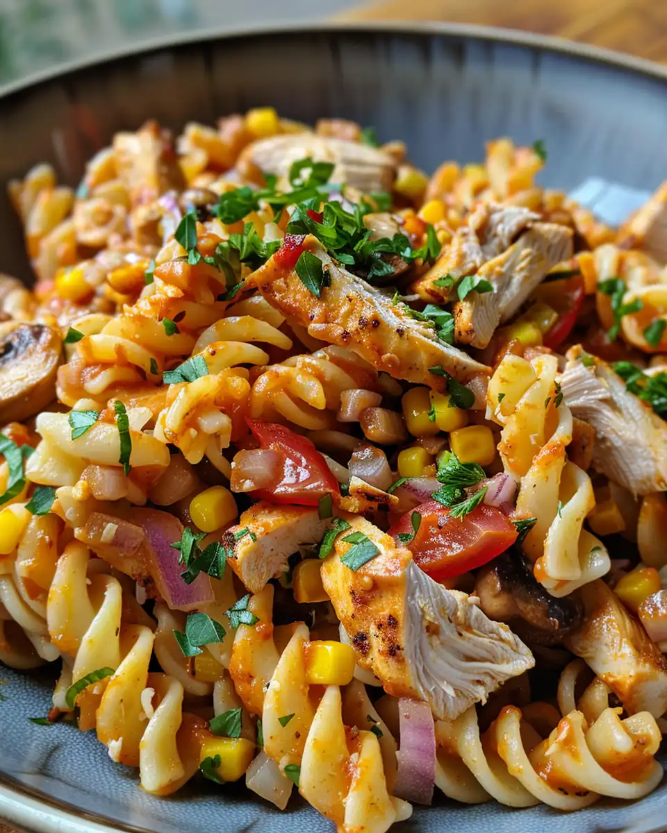 Pressure cooker with BBQ chicken pasta salad cooking aroma