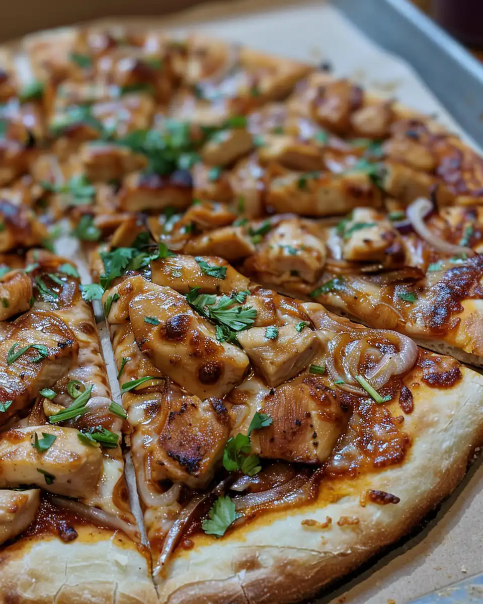 Ingredients for BBQ chicken pizza arranged in bowls including BBQ sauce, chicken, cheese and onions