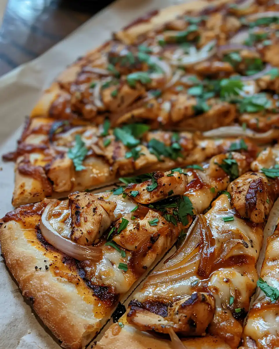 Finished BBQ chicken pizza sliced and served with ranch drizzle and cilantro garnish