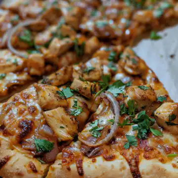 BBQ Chicken Pizza with Caramelized Onions and Cilantro taken with iphone 15 pro max --iw 2 --ar 4:5 --v 6.0 --raw