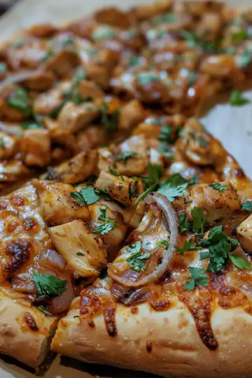 BBQ Chicken Pizza with Caramelized Onions and Cilantro taken with iphone 15 pro max --iw 2 --ar 4:5 --v 6.0 --raw