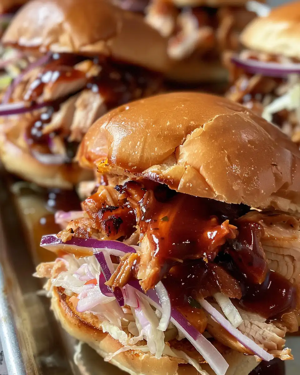 Baked BBQ chicken sliders fresh from the oven, cheese melted and rolls golden