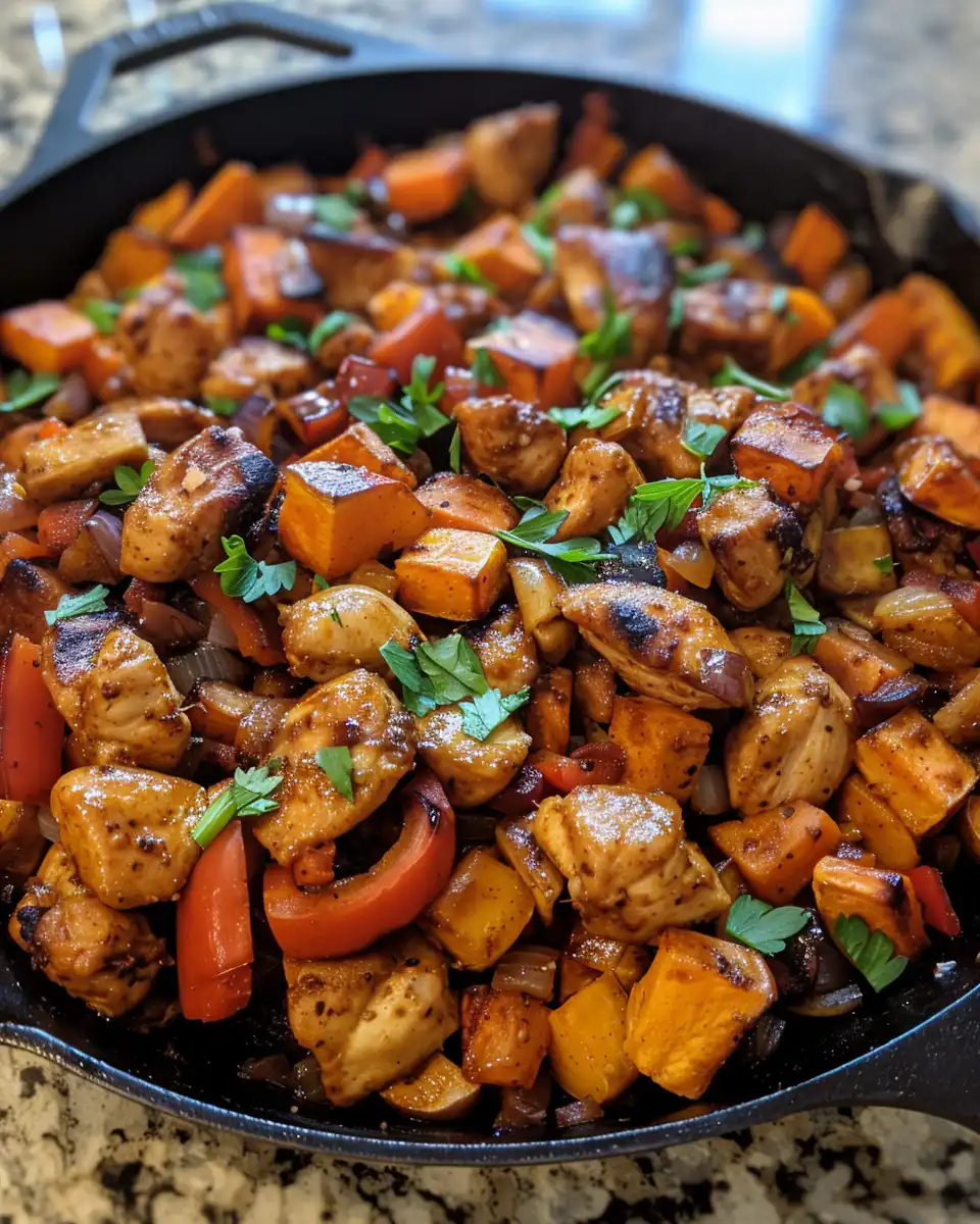 Served BBQ chicken thighs with roasted sweet potatoes on a plate