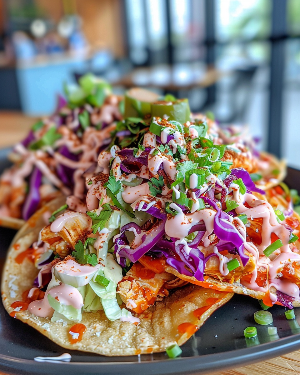 Finished BBQ Chicken Tostadas served on a platter