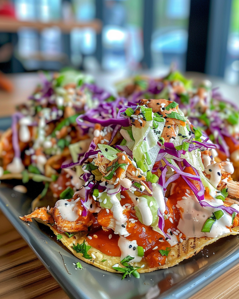 BBQ chicken tostadas freshly prepared on a plate