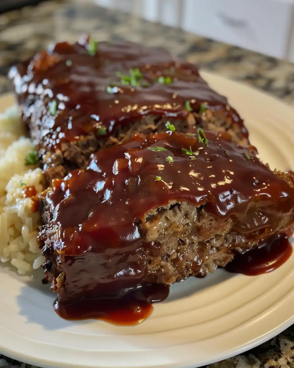 Sliced BBQ meatloaf with juicy tender center served on plate