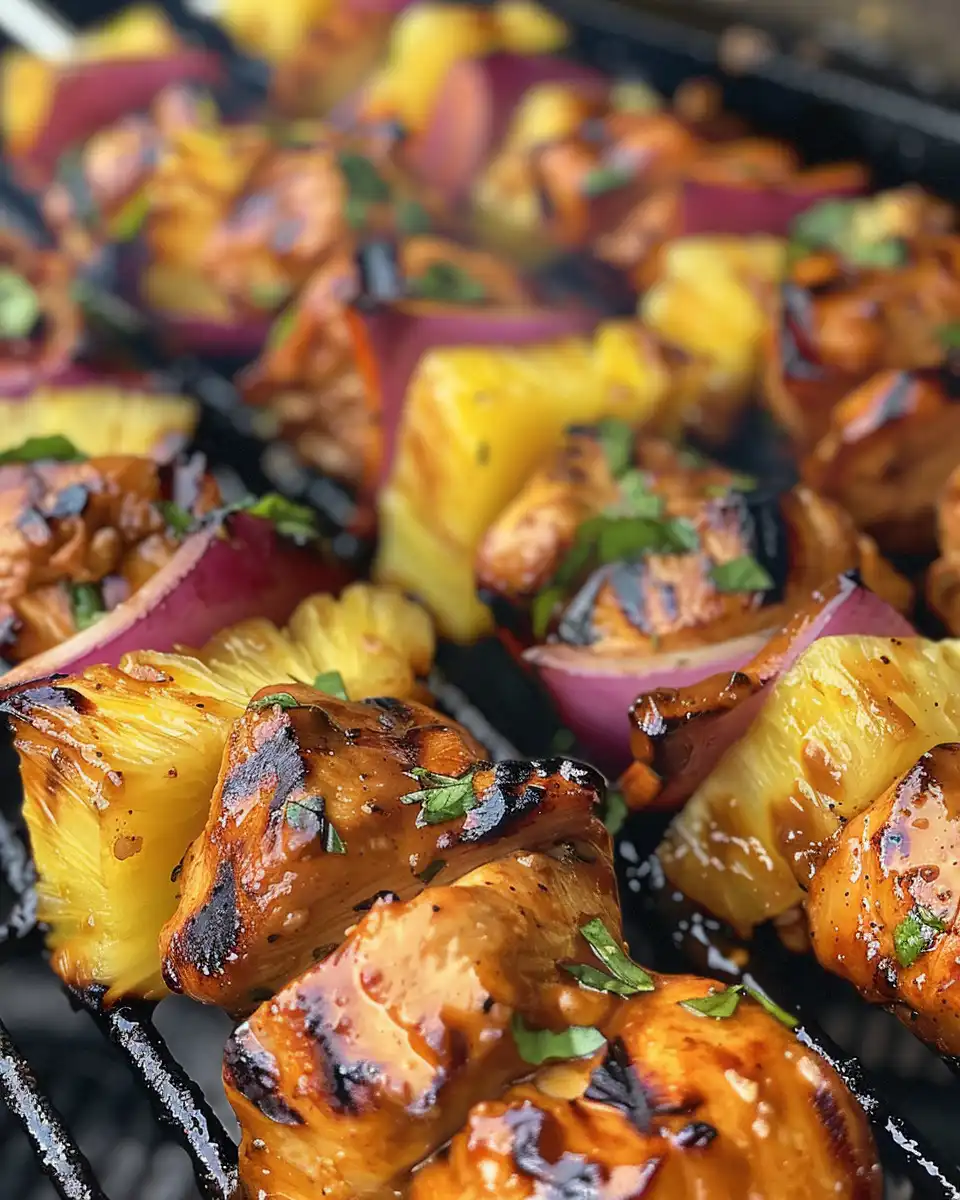 Finished and plated BBQ pineapple chicken kabobs with vegetables