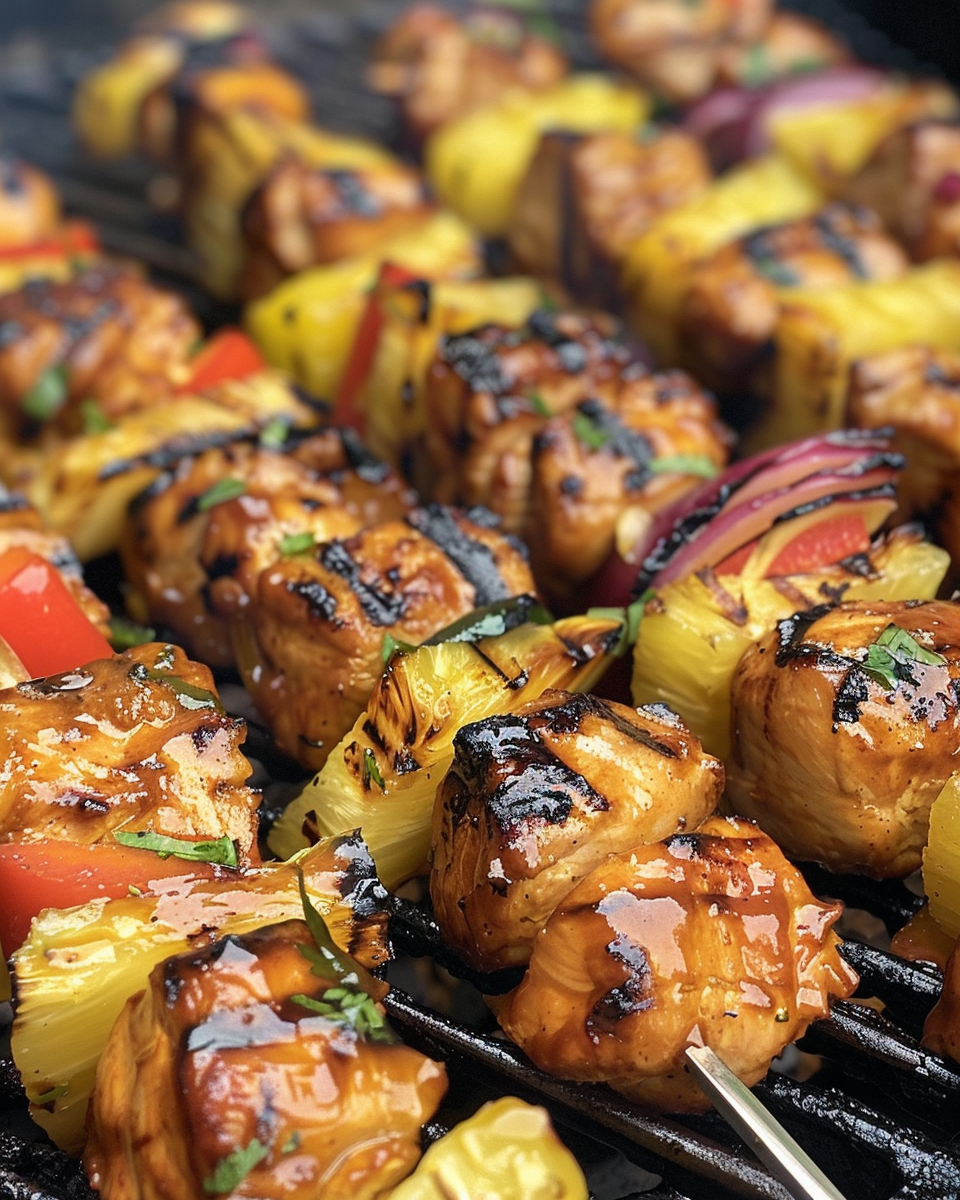 BBQ pineapple chicken kabobs cooking in pressure cooker with steam and valve hiss