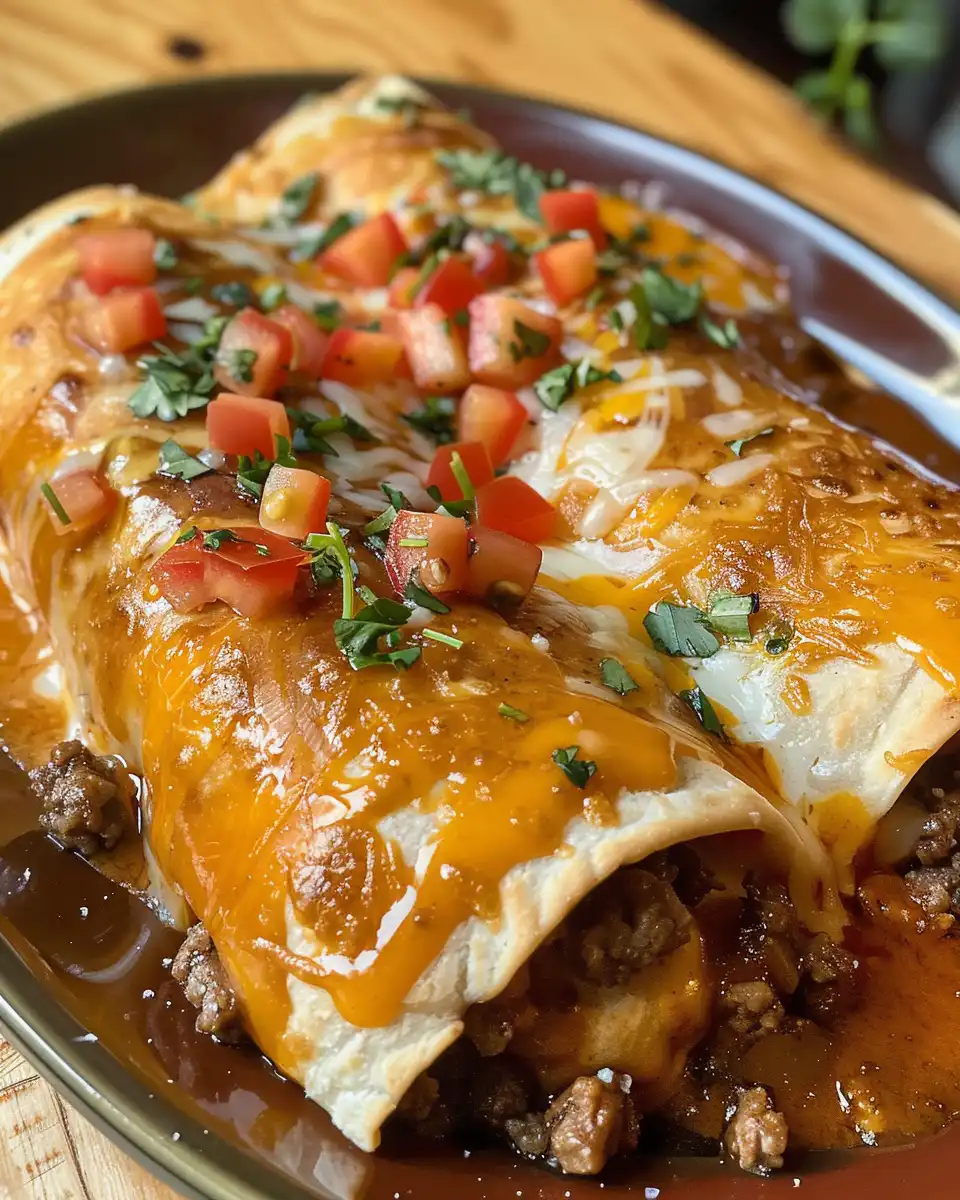 Ingredients including ground beef, cheese, and fresh peppers for chimichangas