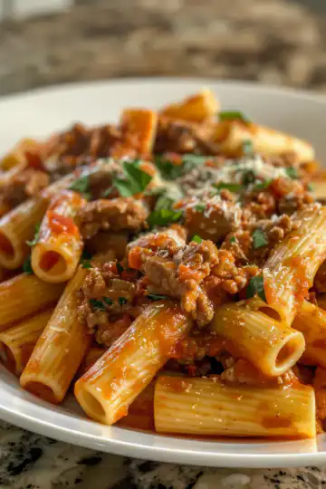 Beef Pasta Recipe in Tomato Sauce taken with iphone 15 pro max --iw 2 --ar 4:5 --v 6.0 --raw