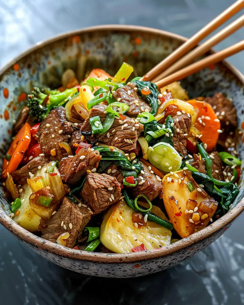 Ingredients for beef stir fry including fresh vegetables and seasonings