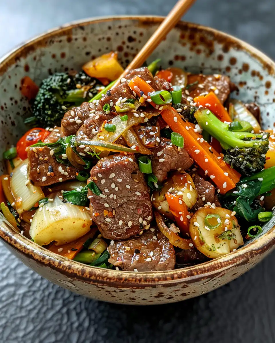 Final served beef stir fry with vegetables over rice