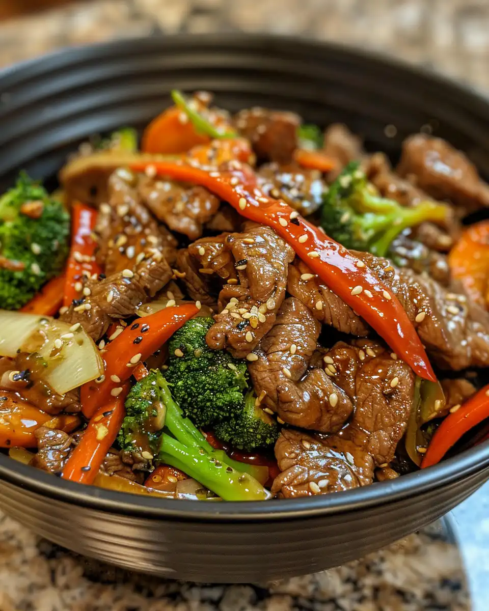 Ingredients for beef stir fry including colorful chopped vegetables