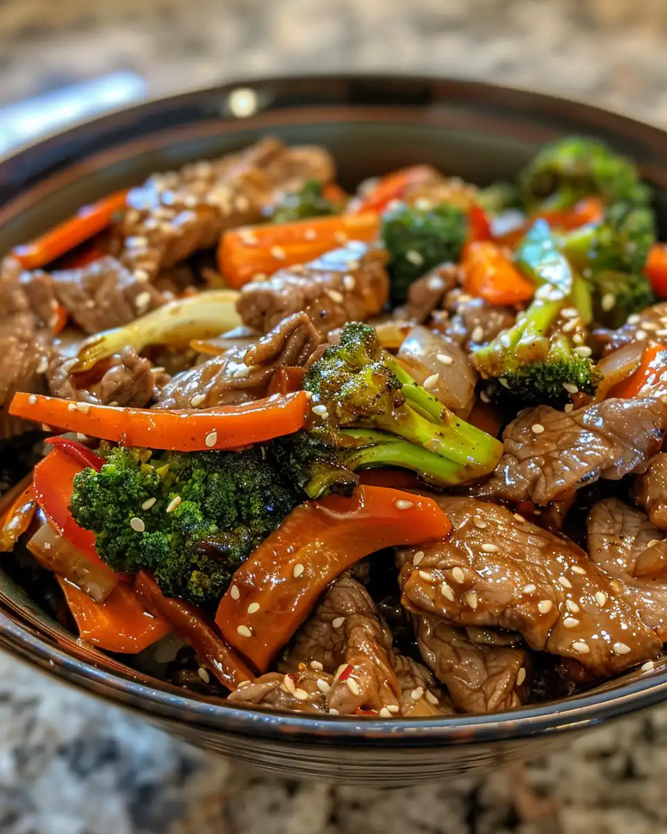 Finished plated beef stir fry with colorful vegetables ready to serve