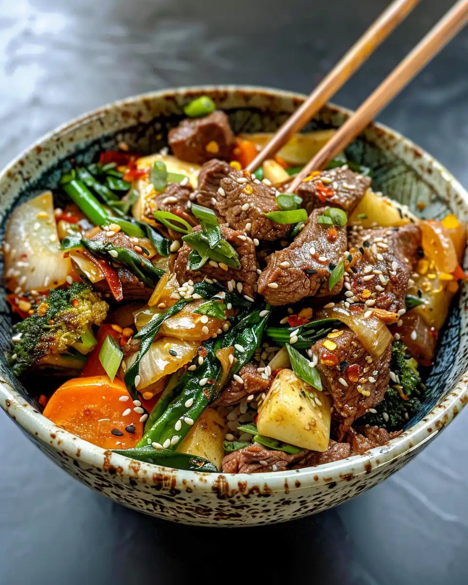 Sizzling beef stir fry cooking in pressure cooker with steam