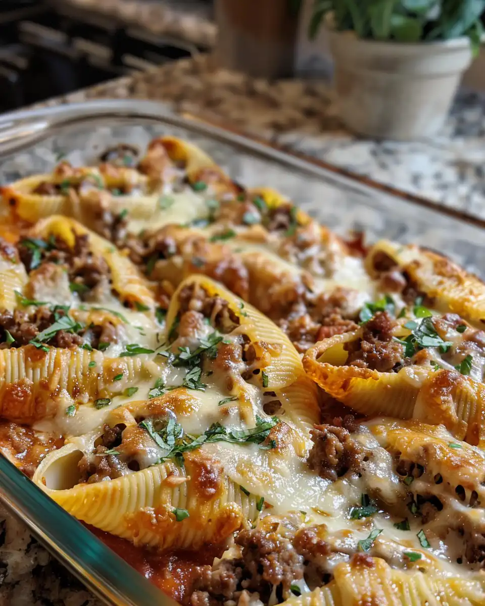 Golden baked beef stuffed shells with melted mozzarella cheese