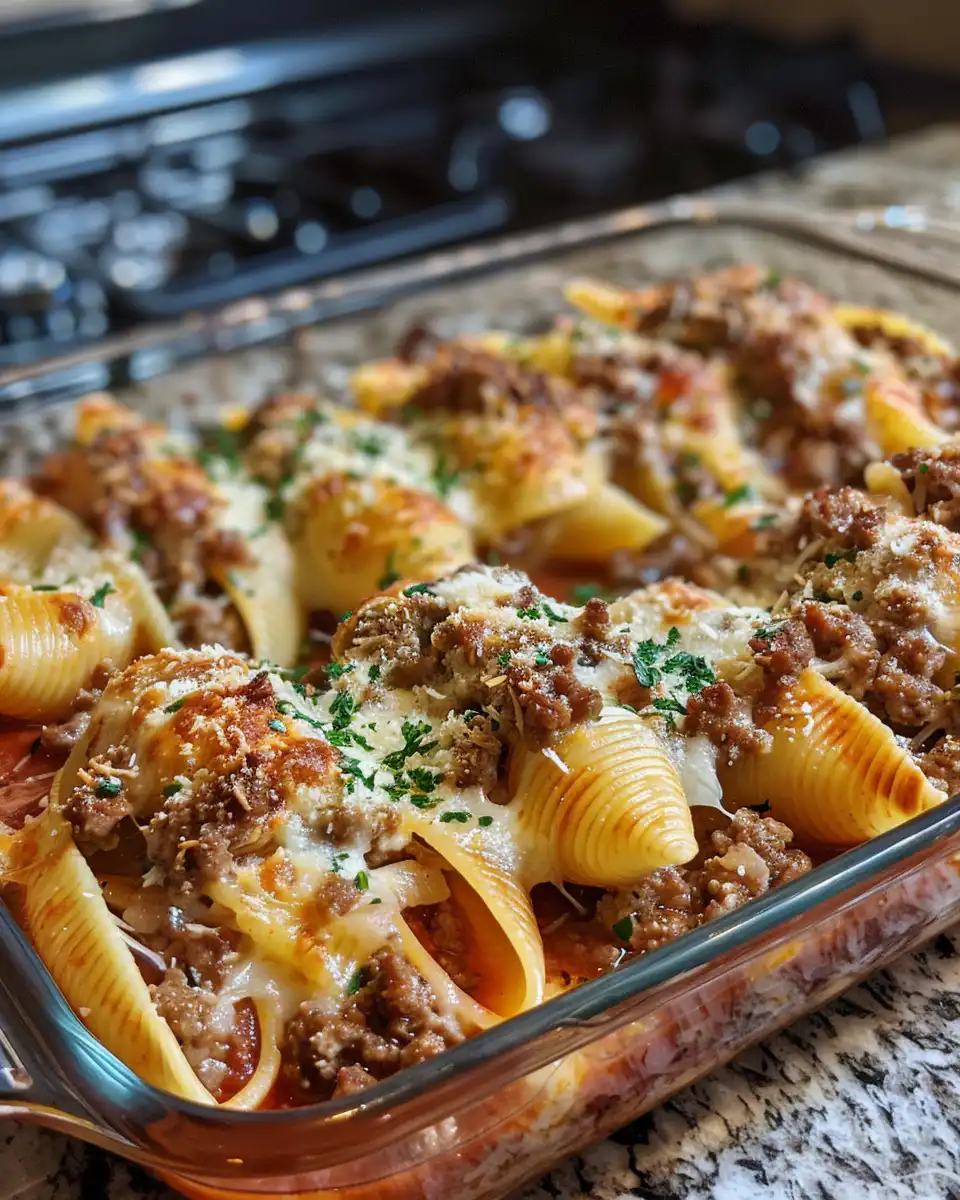Pressure cooker beef stuffed shells bubbling with mozzarella cheese