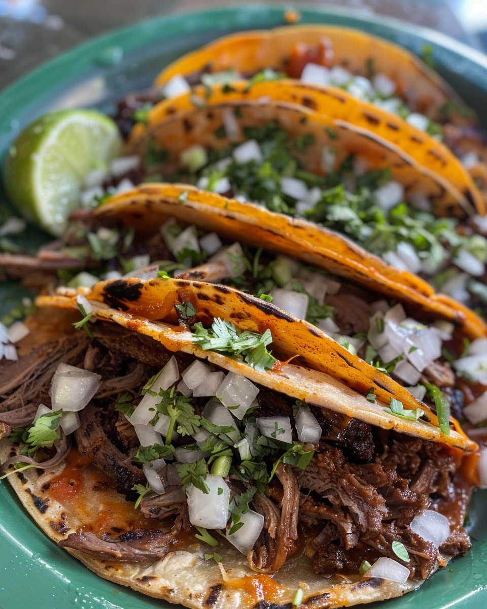 Ingredients for birria tacos including peppers, garlic, and beef