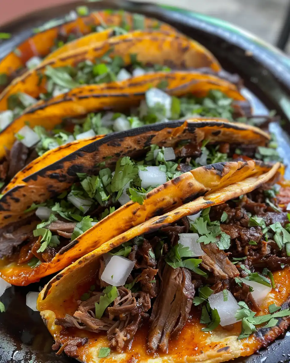 Finished birria tacos served with broth for dipping