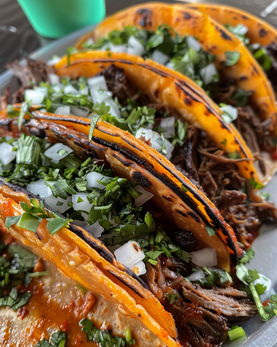 Birria tacos cooking in a pressure cooker with steam rising