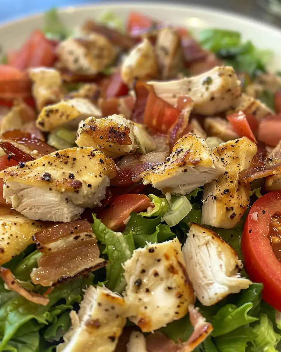 Ingredients for BLT chicken salad including bacon and fresh vegetables
