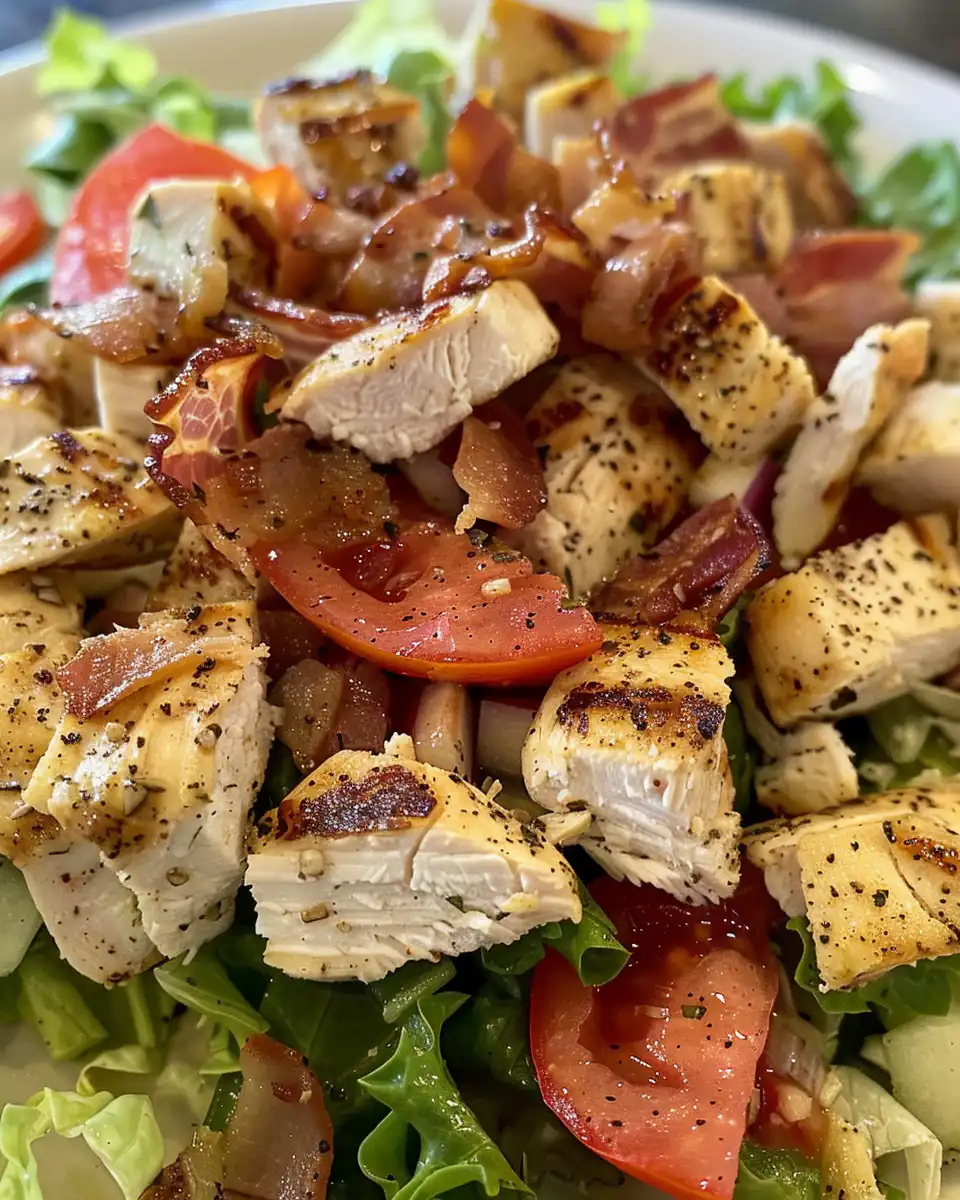 Served BLT chicken salad with bacon and fresh chives garnished on top