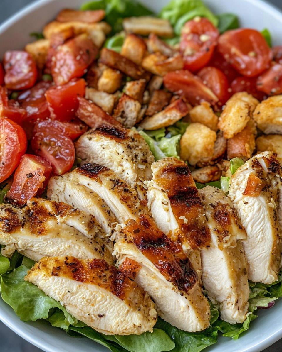 Close-up of a fresh BLT chicken salad with crispy bacon and greens