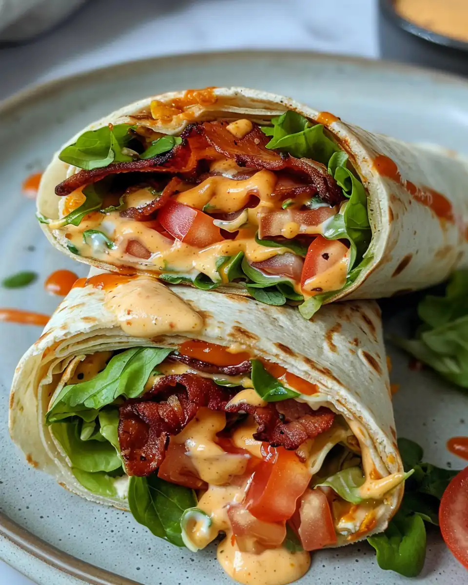 Ingredients for BLT wrap including sliced tomatoes, bacon, lettuce and secret sauce in bowls