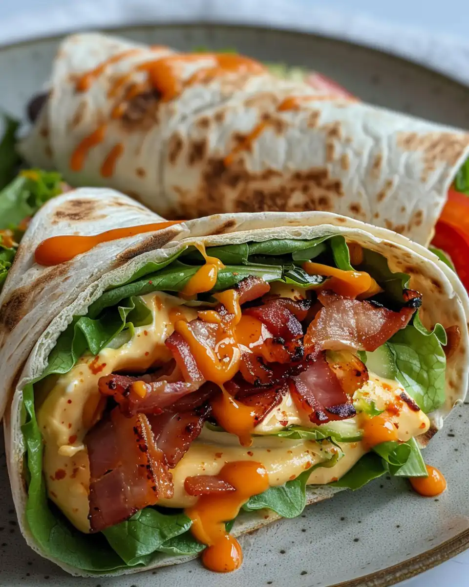 Close up of sliced BLT wraps on a plate