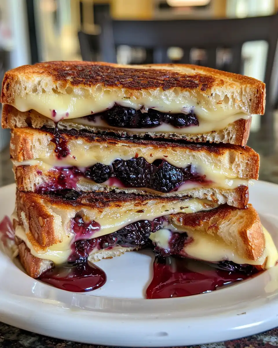 Step-by-step cooking process of blueberry grilled cheese sandwich in skillet