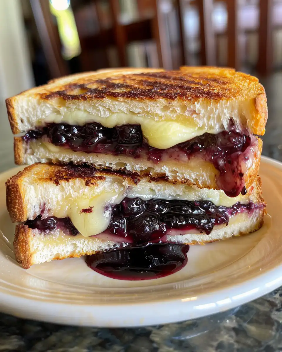 Steam rising from blueberry grilled cheese sandwich fresh from skillet